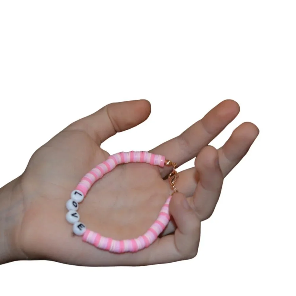 Handmade Set/3 Clay Rubber Beads Elastic Kids Bracelet Blue Pink 3